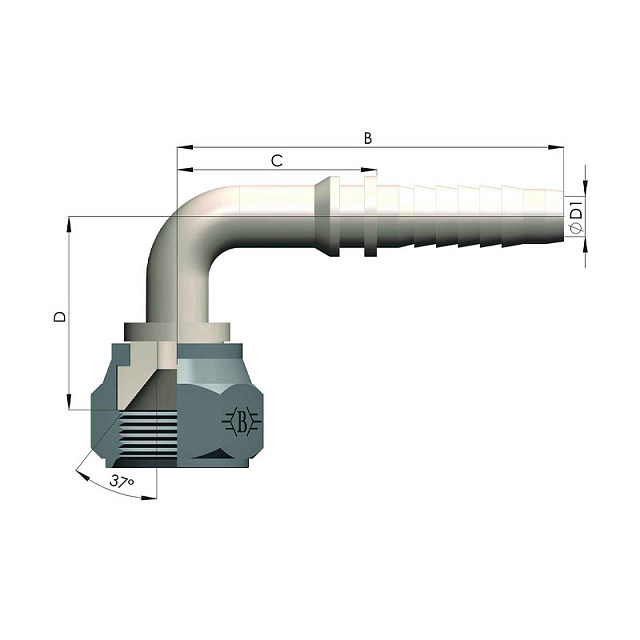 Фитинг UNF(JIC) 90° (Г), Накидной гайкой DN20-1 1/16-12